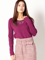 Vネックレース刺繍ニット/紫系