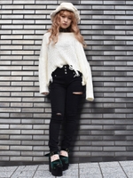 roseエンブロイダリーハイウエストブロークンスキニーロングＰＴ/BLK