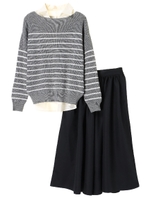 ・SET3点 ボーダーニット+ブラウス+スカーチョ/ネイビー