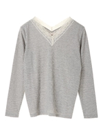 ・VネックレーステレコロンT/杢グレー