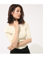 【AZUL BY MOUSSY】スクエアネック5分袖ニットプルオーバー/O/WHT