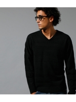 【AZUL BY MOUSSY】フクレヘリンボンボーダーニットＶネックプルオーバー/BLK