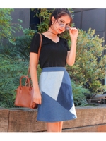 【CHILLE】パッチワークデニムスカート/ライトブルー(038)