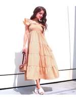 【CHILLE】肩フリルプリーツマキシワンピース/ベージュ(005)