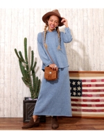 【MIMPI】ニットソーフーディーパーカー&スカート/ブルー(019)