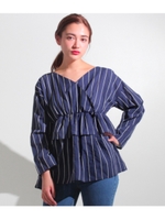 【Settimissimo】チェーンストライプフリルギャザートップス/ネイビー(018)