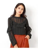 【Settimissimo】ラメストライプドットシフォンフリルテ/ブラック(027)