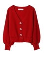 【カーディガン】ビジュー釦ベルト付きVネックカーディガン/レッド