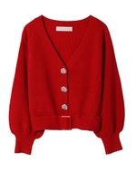 【カーディガン】ビジュー釦ベルト付きVネックカーディガン/レッド