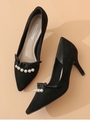 【パンプス】パール付きフリルパンプス/ブラック