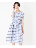 【洗える】ウエストリボン付きチェック柄ワンピース/ライトブルー(291)