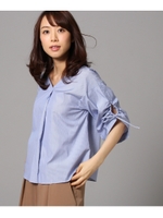 【洗える】シャーリング袖ストライプシャツ/ブルー(392)