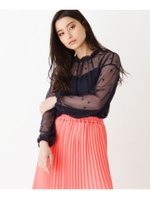 【洗える】スターチュール シャーリングブラウス/ネイビー(093)