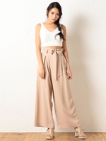 ウエストリボンワイドパンツ/ベージュ