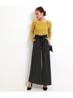 エコレザーベルト付きモノトーンストライプワイドパンツ/ブラック(027)