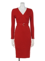 カシュクールタイトリブニットワンピース/レッド