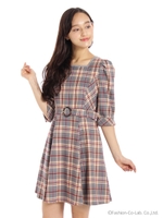 クラシカルチェックスクエアネックワンピース/グレー