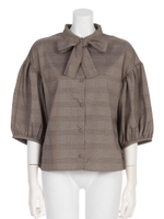 グレンチェックリボン付きブラウス/ブラウン