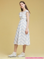 コットンリネンオープンバックミディワンピ/ブルー