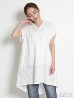 コットンローンワッシャーぶどう柄レースチュニックブラウス/ホワイト