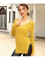 サイドスリットロングリブVネックトップス/マスタード(044)