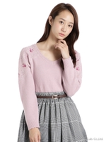 サイドフラワー刺しゅうレースVネックニットプルオーバー/ピンク