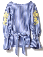 ストライプ刺繍ブラウス/ブルー