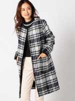 チェックノーカラーコート/青系