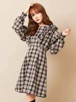チェックフリルワンピース/ブラック