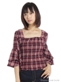 チェック袖フレアシャーリングブラウス/レッド
