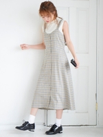 チェック柄ミモレキャミワンピ/キャメル柄