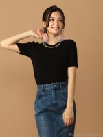 ネックパールパフスリーブニットトップス/ブラック