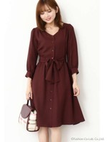 パール釦付きシャツワンピース/ブラウン(050)