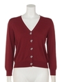 ビジューボタンVネック7分袖ニットカーディガン/ボルドー