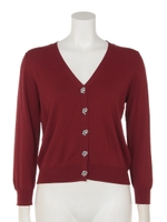 ビジューボタンVネック7分袖ニットカーディガン/ボルドー
