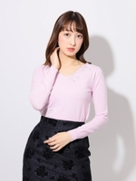 ビジュー付Vネック刺繍ニット/ピンク