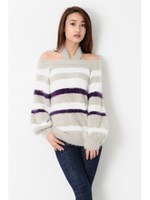 フェザーヤーンボーダーニットＴＯＰ/PURPLE