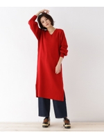 ベルト付きVネックニットワンピース/ワインレッド(063)