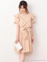 ラッフル袖リボンワンピース/ベージュ