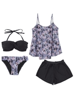 リーフ柄キャミソール付ビキニ/4点セット水着/リーフ柄/ブラック