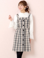 レトロチェックストラップワンピース/ベージュ