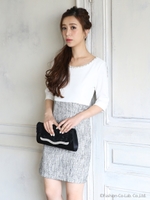 七分袖ツイード切り替えドレス/ホワイトxブラック