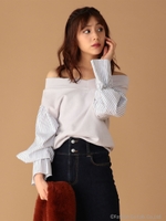 袖ボリュームシャツ裏毛ドッキングトップス/ライトグレー