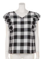 麻レーヨンブロックチェックブラウス/ブラック