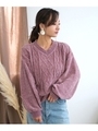Vネックヘムラインモールニット/ピンク