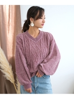 Vネックヘムラインモールニット/ピンク