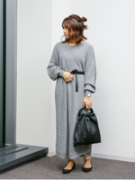 Vネック畦ニットワンピース/杢ライトグレー