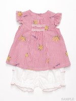 [ベビー・セット商品]ストライプミモザ刺繍半袖チュニックパンツセット/レッド