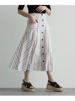 [洗える]ストライプブロッキング前ボタンフレアスカート/ライトベージュ(351)