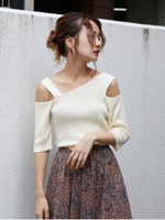 【Ca】アシメデザインリブニット/O.WHT